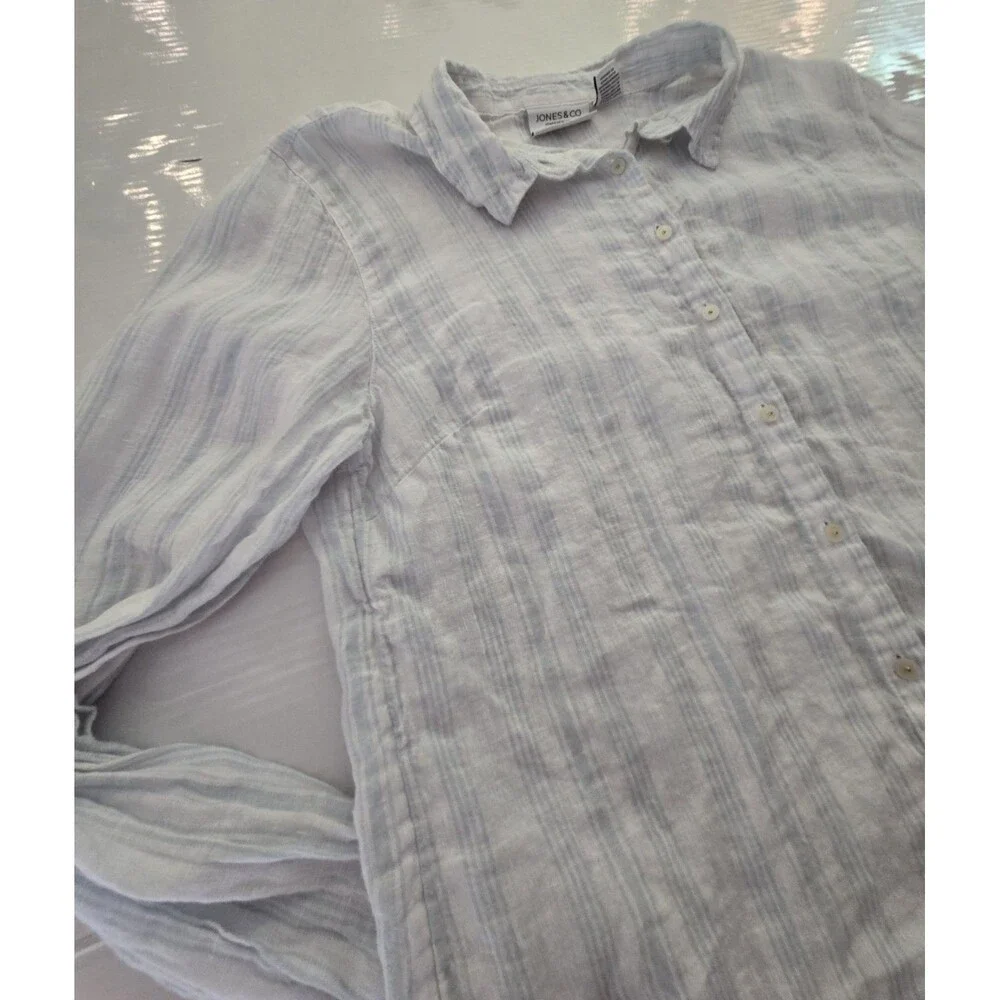 Jones & Co 100% Linen Button Front Shirt Women's Large Blue White Striped Top